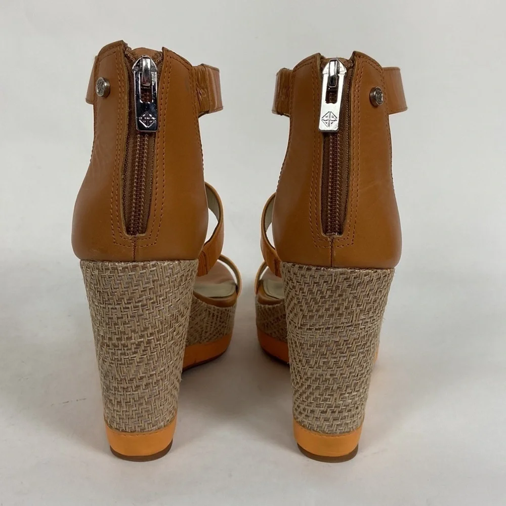 Antonio Melani Cam Leather T-Strap and Ankle Strap Open Toe Platform Woven Wedge
